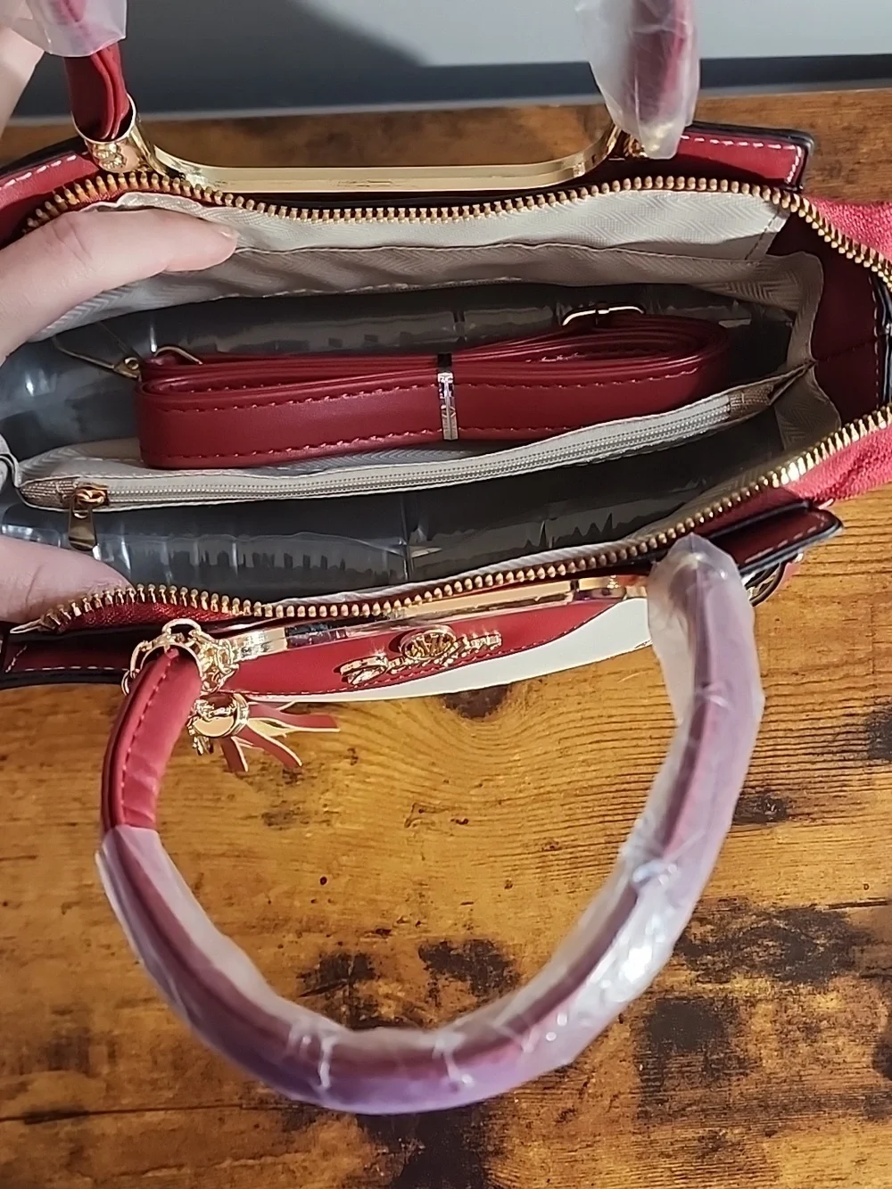 Red 3pcs Set Women's Handbag With Elegant Geometric Print,faux Leather Material,
